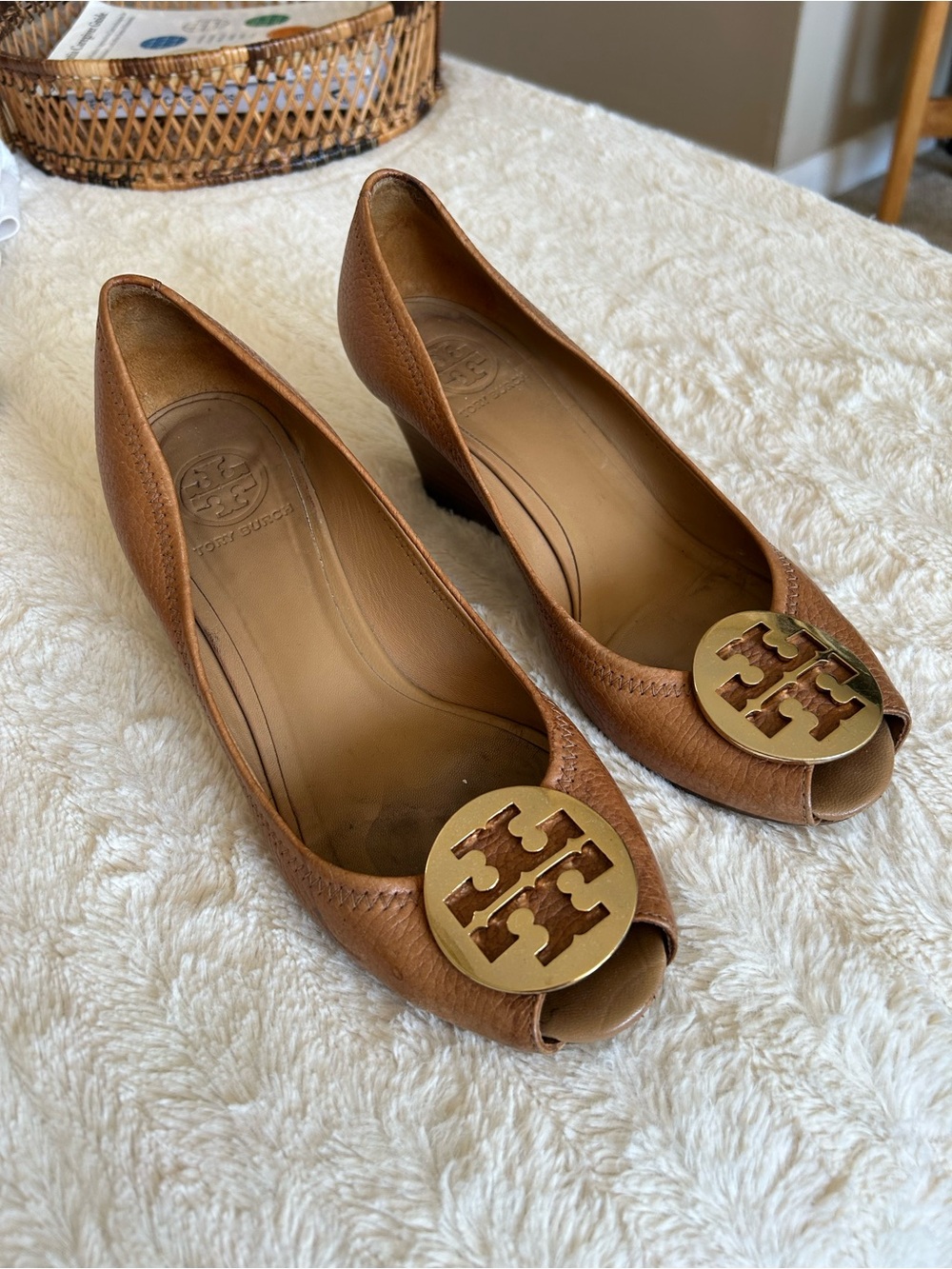 Tory Burch Tan Leather Peep-Toe Wedges with Gold Logo Medallions